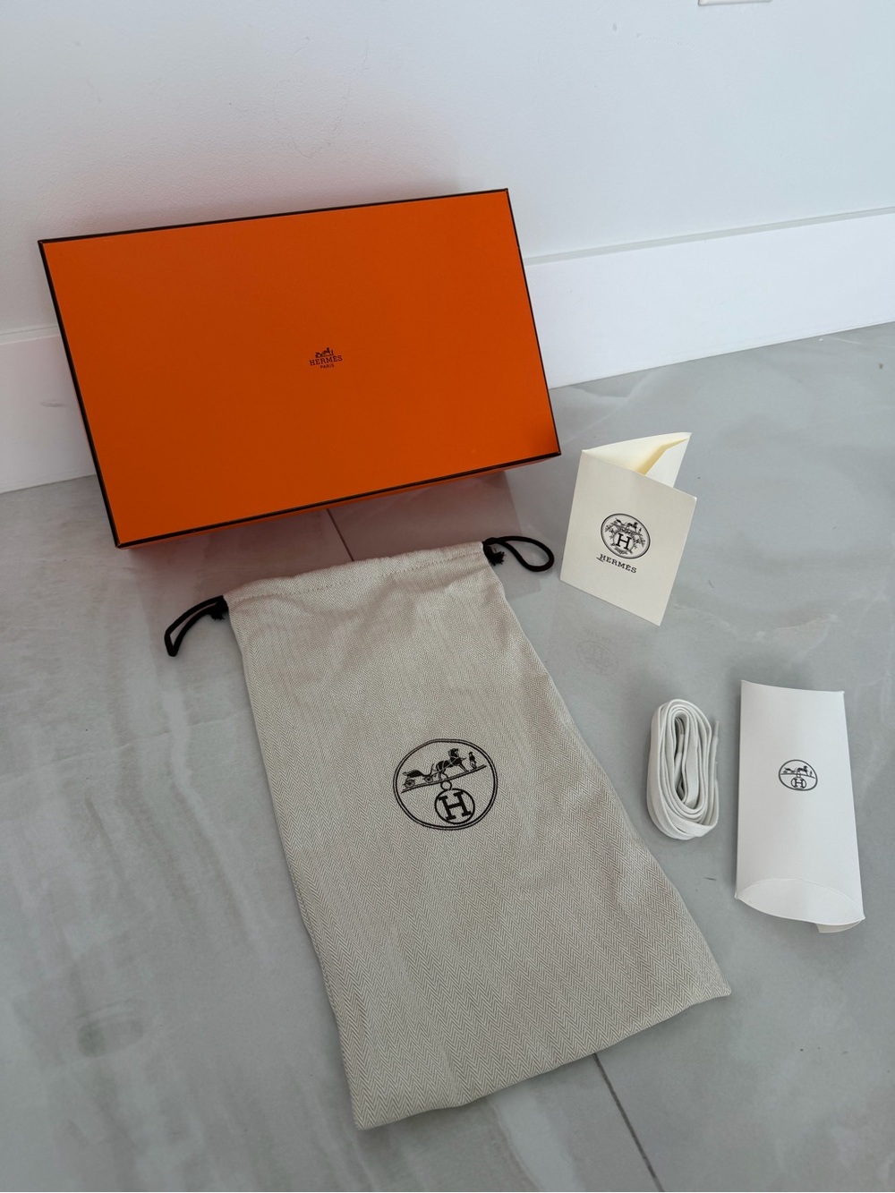 Hermes Drawstring Dust Bag New Shoelaces Shoe Box Receipt Holder PRICED TO SELL